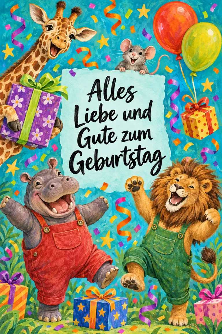 Nilpferd und Löwe in Latzhosen tanzen, Giraffe und Maus mit Geschenken und Luftballons, Text: Alles Liebe und Gute zum Geburtstag