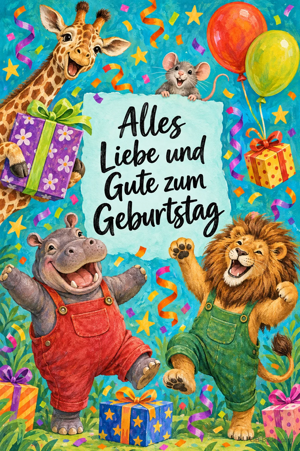 Nilpferd und Löwe in Latzhosen tanzen, Giraffe und Maus mit Geschenken und Luftballons, Text: Alles Liebe und Gute zum Geburtstag