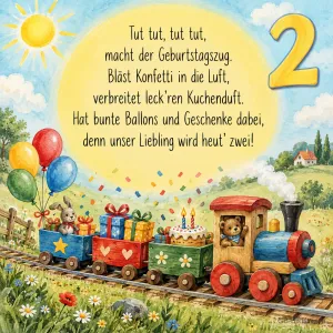 Bunter Holzzug mit Geschenken und Torte auf einer Wiese, Text: Tut tut, tut tut, macht der Geburtstagszug. Bläst Konfetti in die Luft, verbreitet leck’ren Kuchenduft. Hat bunte Ballons und Geschenke dabei, denn unser Liebling wird heut’ zwei!