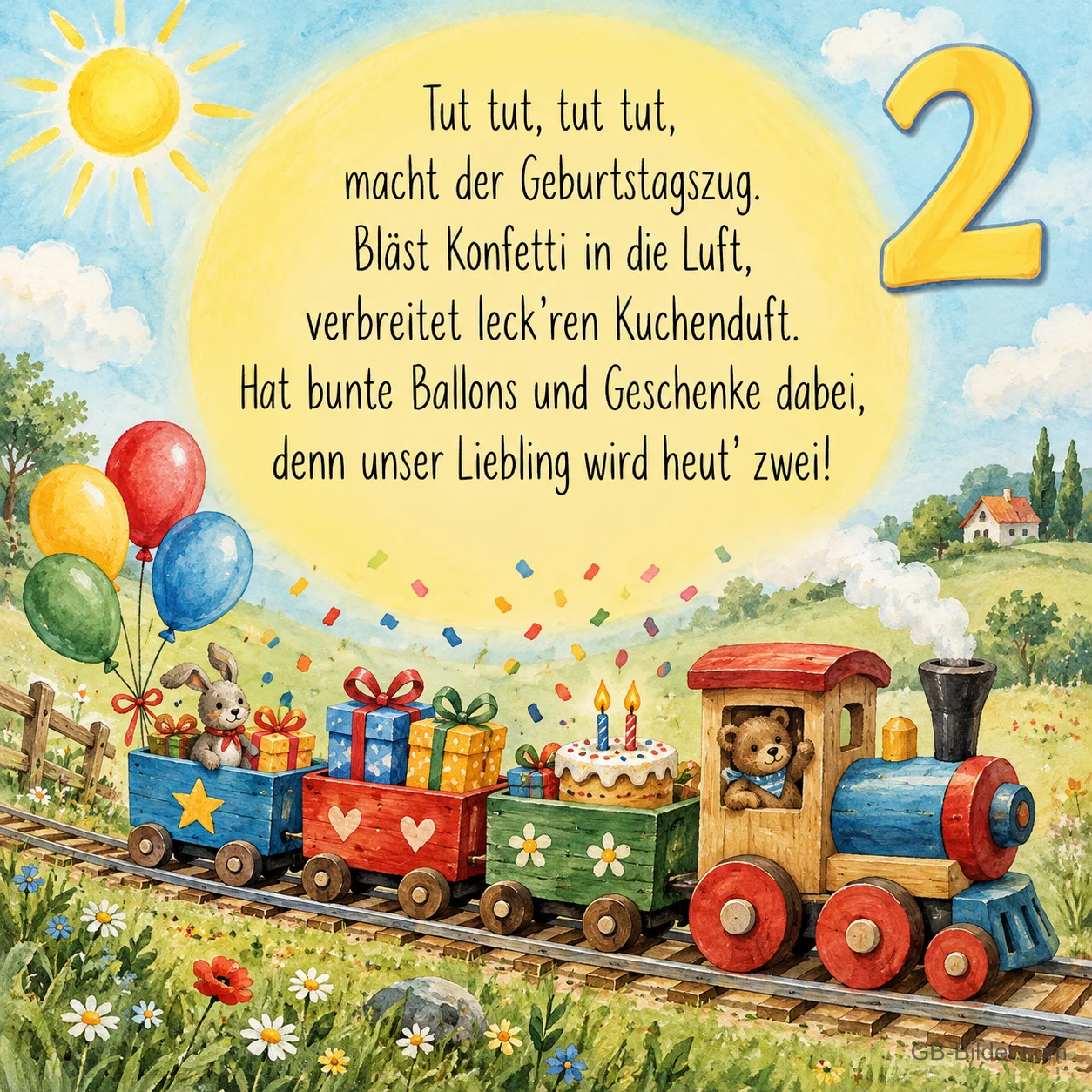 Bunter Holzzug mit Geschenken und Torte auf einer Wiese, Text: Tut tut, tut tut, macht der Geburtstagszug. Bläst Konfetti in die Luft, verbreitet leck’ren Kuchenduft. Hat bunte Ballons und Geschenke dabei, denn unser Liebling wird heut’ zwei!