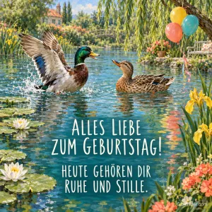 Stockerpel landet im Seerosenteich, Luftballons im Hintergrund, Text: Alles Liebe zum Geburtstag! – Heute gehören dir Ruhe und Stille.