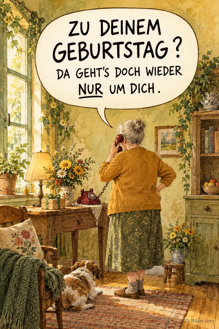 Ältere Frau telefoniert in einem gemütlichen Wohnzimmer, Text: ZU DEINEM GEBURTSTAG? DA GEHT’S DOCH WIEDER NUR UM DICH.