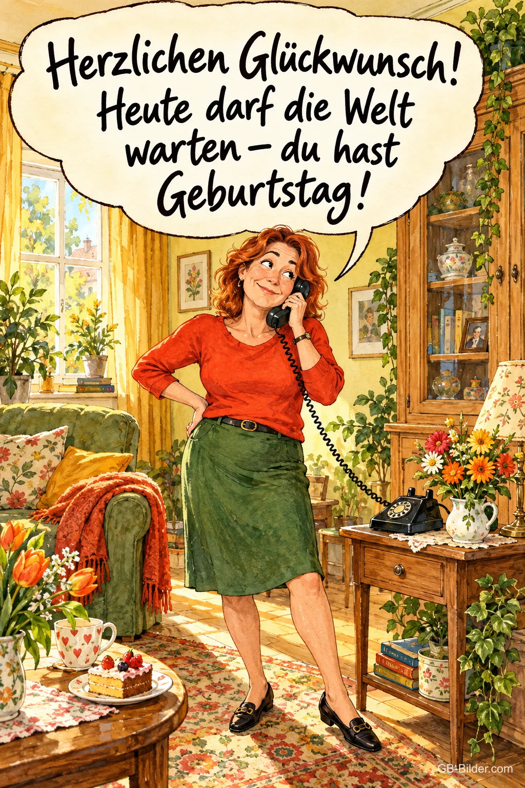Frau im roten Pullover telefoniert schmunzelnd im Wohnzimmer, Text: Herzlichen Glückwunsch! Heute darf die Welt warten – du hast Geburtstag!