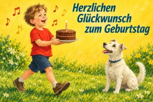 Junge bringt einem weißen Hund eine Geburtstagstorte mit Kerze, Text: Herzlichen Glückwunsch zum Geburtstag