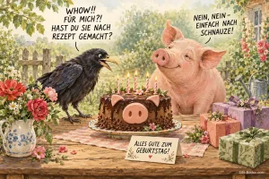 Rabe und Schwein vor einer Schokoladentorte mit Schweinegesicht, Text: WHOW!! FÜR MICH?!? HAST DU SIE NACH REZEPT GEMACHT? – NEIN, NEIN – EINFACH NACH SCHNAUZE! ALLES GUTE ZUM GEBURTSTAG!