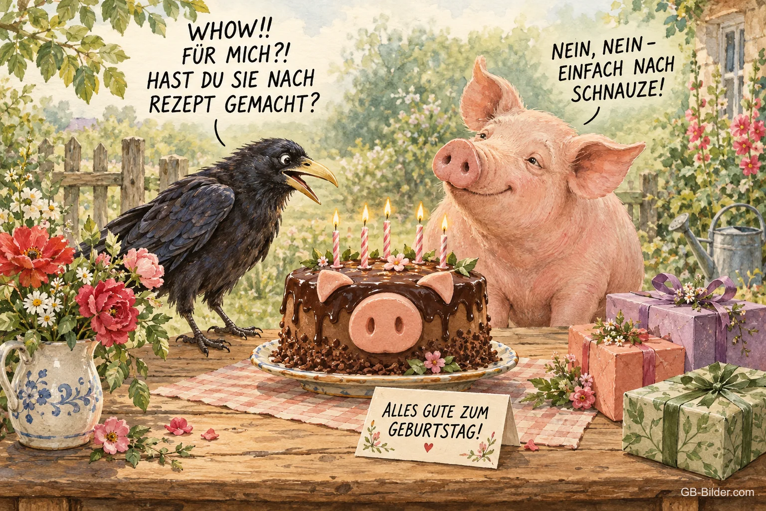 Rabe und Schwein vor einer Schokoladentorte mit Schweinegesicht, Text: WHOW!! FÜR MICH?!? HAST DU SIE NACH REZEPT GEMACHT? – NEIN, NEIN – EINFACH NACH SCHNAUZE! ALLES GUTE ZUM GEBURTSTAG!