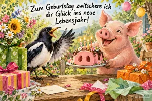 Schwein überreicht einer Elster eine Torte in Schweineform zwischen Geschenken, Text: Zum Geburtstag zwitschere ich dir Glück ins neue Lebensjahr!