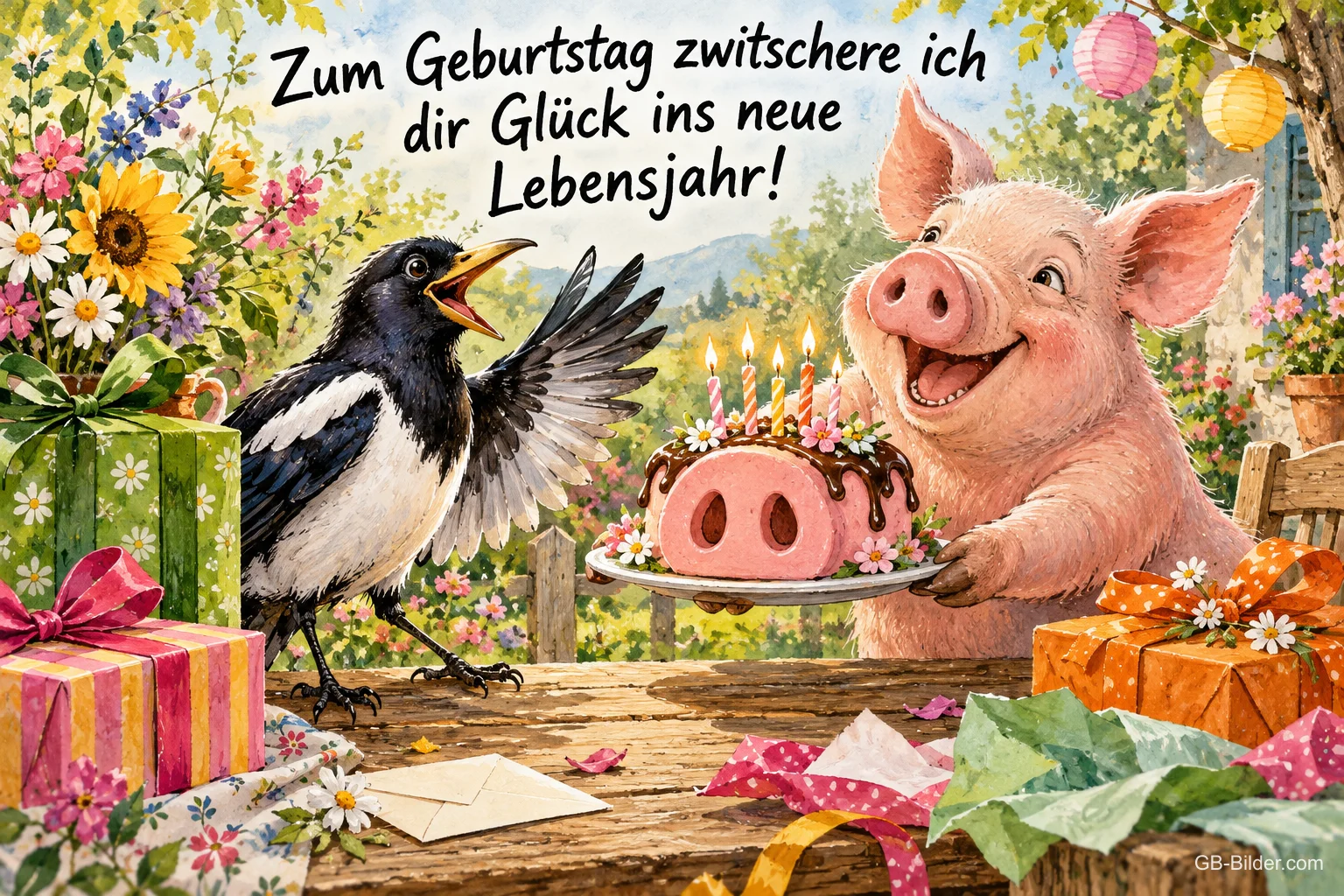 Schwein überreicht einer Elster eine Torte in Schweineform zwischen Geschenken, Text: Zum Geburtstag zwitschere ich dir Glück ins neue Lebensjahr!