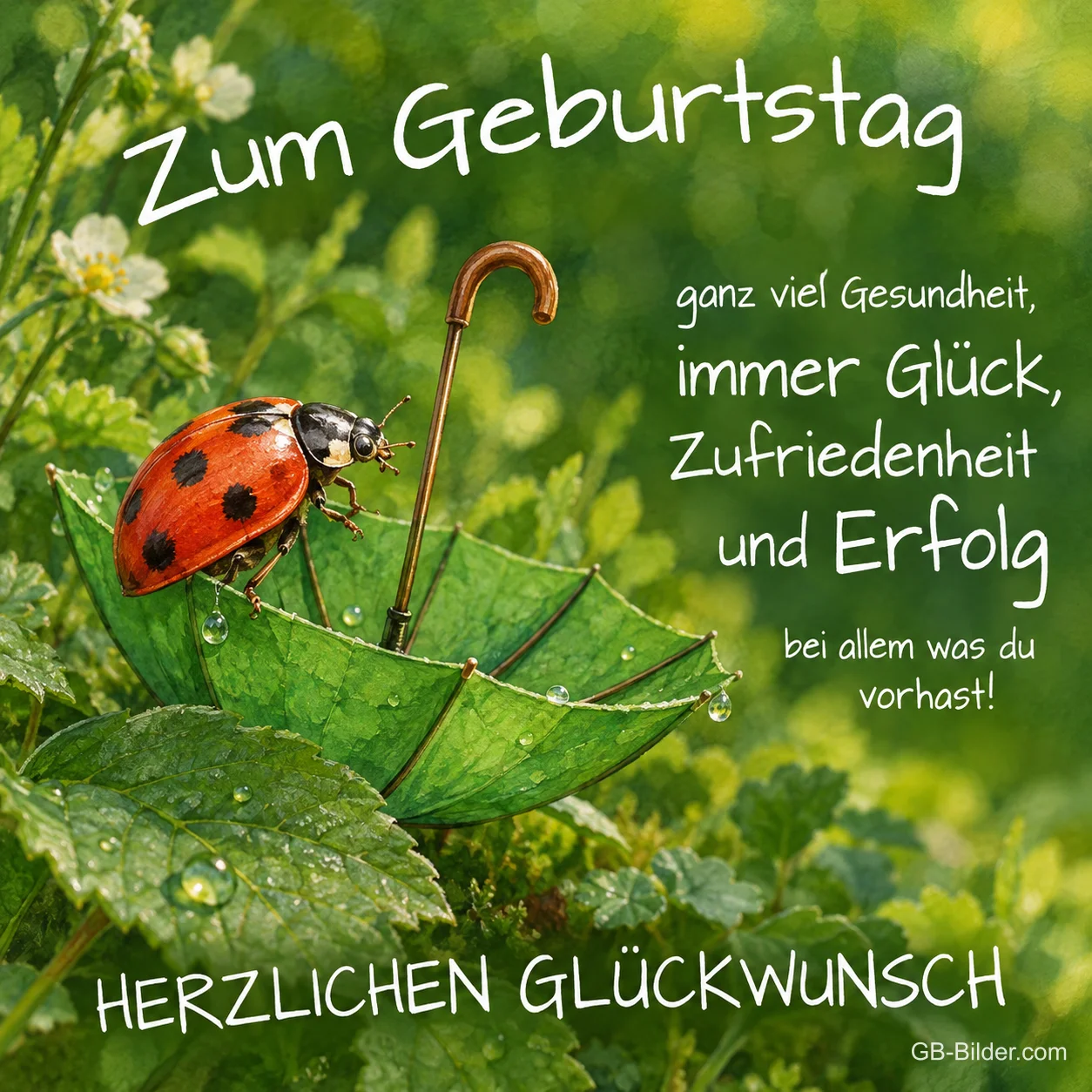 Marienkäfer auf einem grünen Blattschirm mit Tautropfen, Text: Zum Geburtstag ganz viel Gesundheit, immer Glück, Zufriedenheit und Erfolg bei allem was du vorhast! HERZLICHEN GLÜCKWUNSCH
