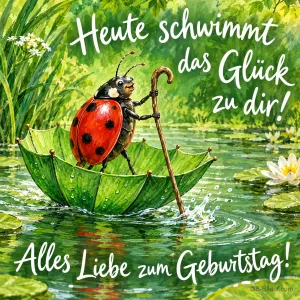 Marienkäfer fährt in einem grünen Regenschirm über einen Teich, Text: Heute schwimmt das Glück zu dir! Alles Liebe zum Geburtstag!