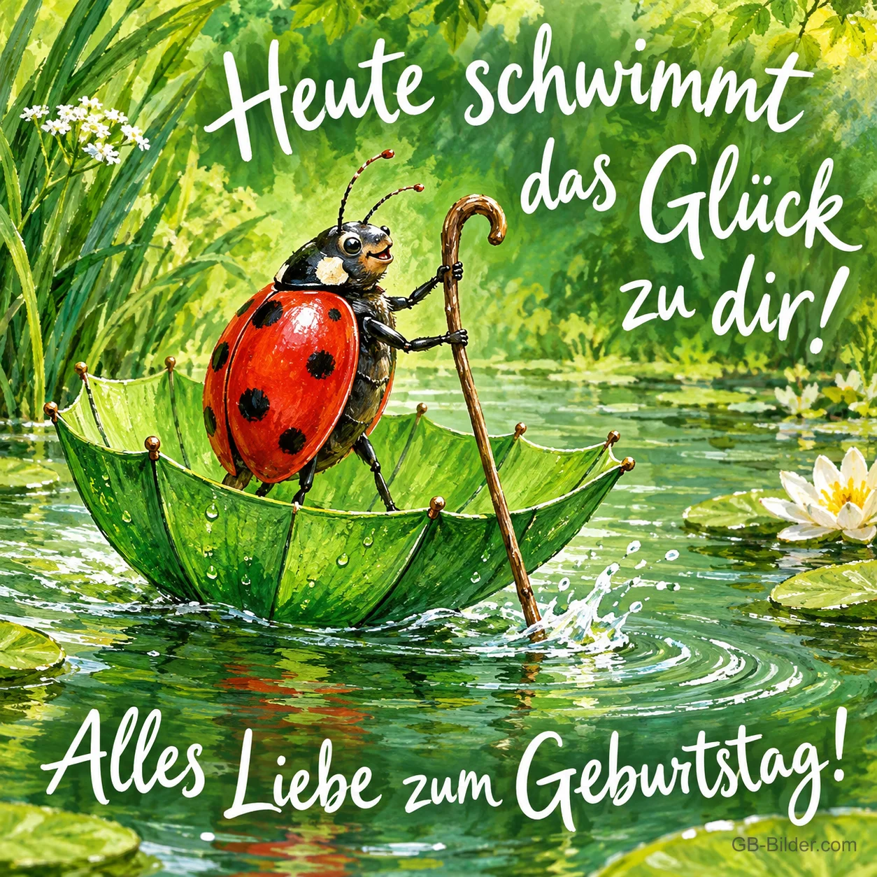 Marienkäfer fährt in einem grünen Regenschirm über einen Teich, Text: Heute schwimmt das Glück zu dir! Alles Liebe zum Geburtstag!