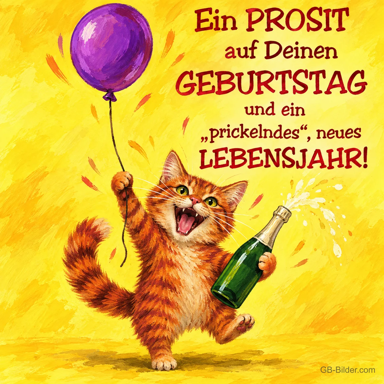 Roter Kater tanzt mit Sektflasche und lila Luftballon, Text: Ein PROSIT auf Deinen GEBURTSTAG und ein „prickelndes“, neues LEBENSJAHR!