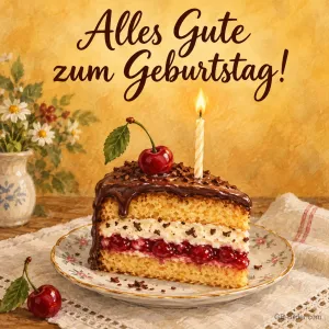 Stück Kirschtorte mit Kerze auf einem Teller, Text: Alles Gute zum Geburtstag!