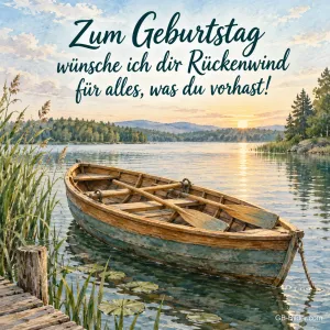 Ruderboot am Steg, Text: Zum Geburtstag wünsche ich dir Rückenwind für alles, was du vorhast