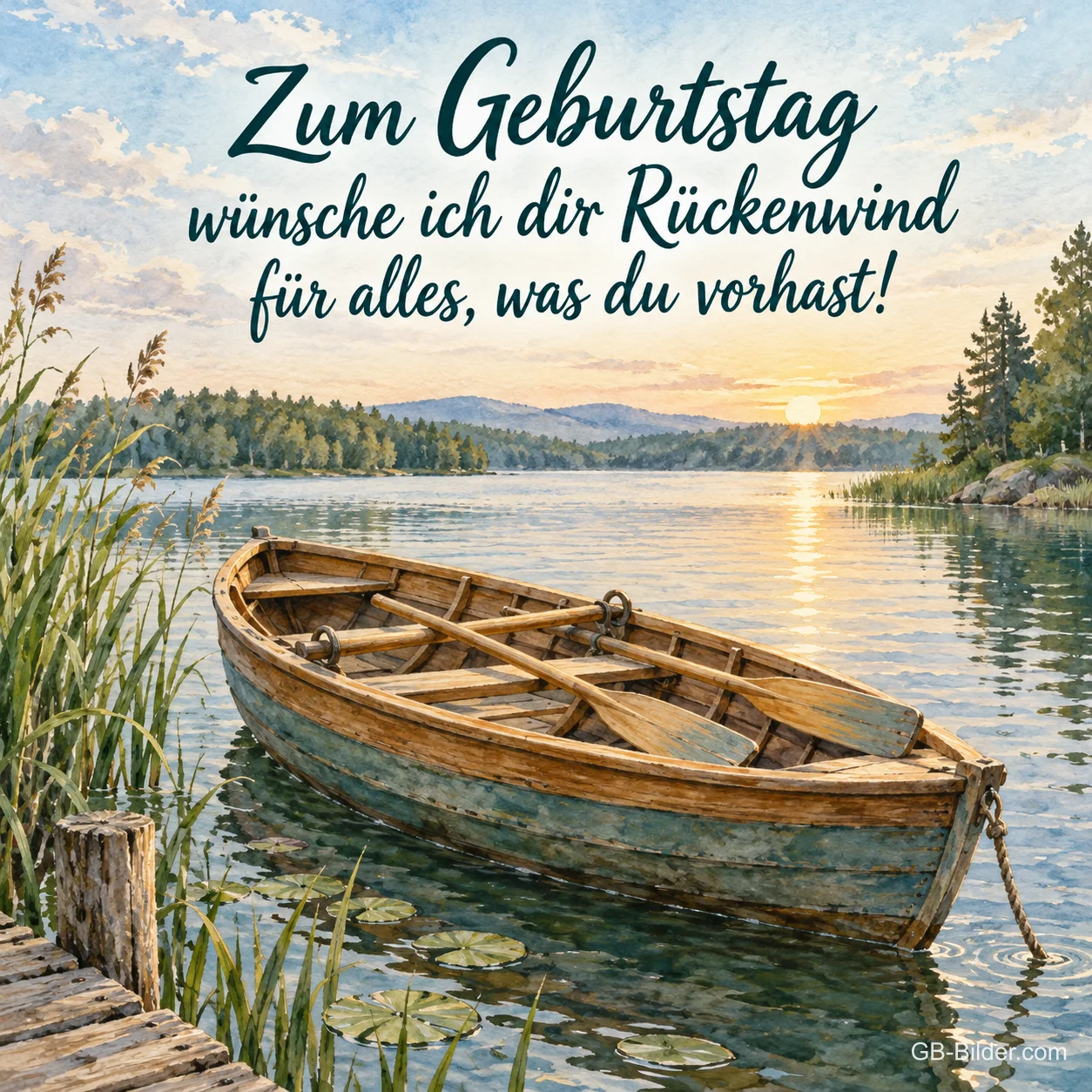 Ruderboot am Steg, Text: Zum Geburtstag wünsche ich dir Rückenwind für alles, was du vorhast Ruderboot am Steg, Text: Zum Geburtstag wünsche ich dir Rückenwind für alles, was du vorhast