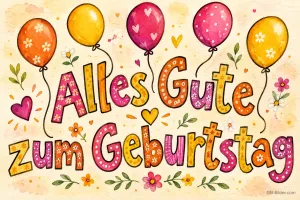 Bunte Luftballons über verzierter Schrift, Text: Alles Gute zum Geburtstag