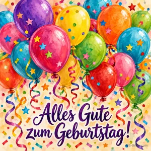 Viele bunte Luftballons mit Sternen, Konfetti und Luftschlangen, Text: Alles Gute zum Geburtstag!
