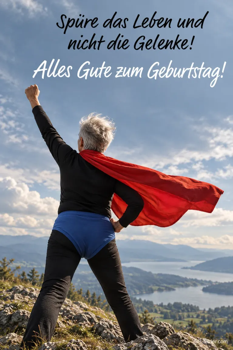 Älterer Herr mit rotem Umhang reckt die Faust auf einem Berg, Text: Spüre das Leben und nicht die Gelenke! Alles Gute zum Geburtstag!