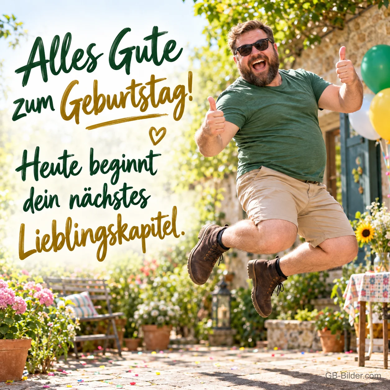 Bärtiger Mann mit Sonnenbrille springt jubelnd mit Daumen hoch im Garten, Text: Alles Gute zum Geburtstag! Heute beginnt dein nächstes Lieblingskapitel. Bärtiger Mann mit Sonnenbrille springt jubelnd mit Daumen hoch im Garten, Text: Alles Gute zum Geburtstag! Heute beginnt dein nächstes Lieblingskapitel.
