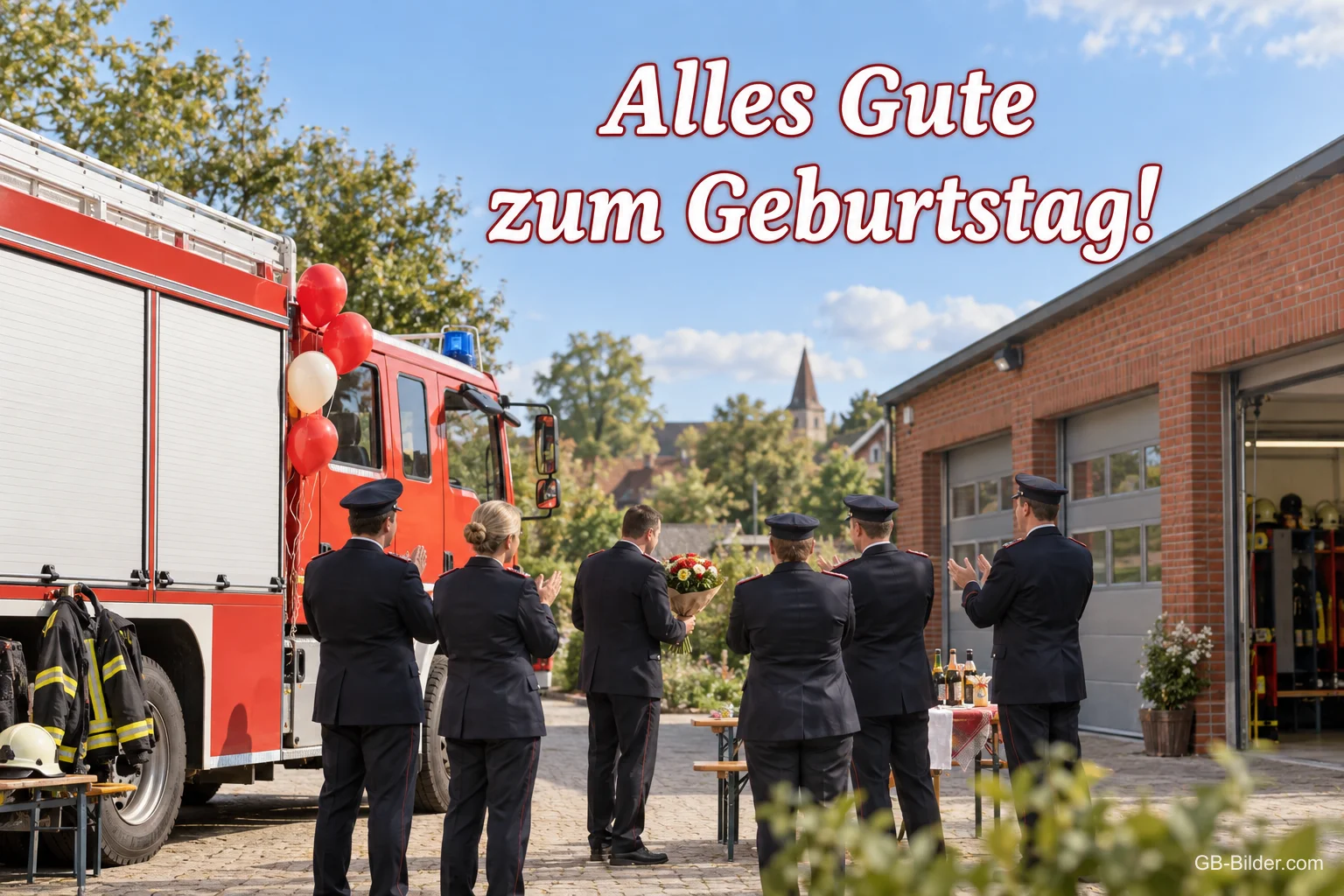 Feuerwehrleute stehen vor einem Feuerwehrauto mit Luftballons, Text: Alles Gute zum Geburtstag! Feuerwehrleute stehen vor einem Feuerwehrauto mit Luftballons, Text: Alles Gute zum Geburtstag!