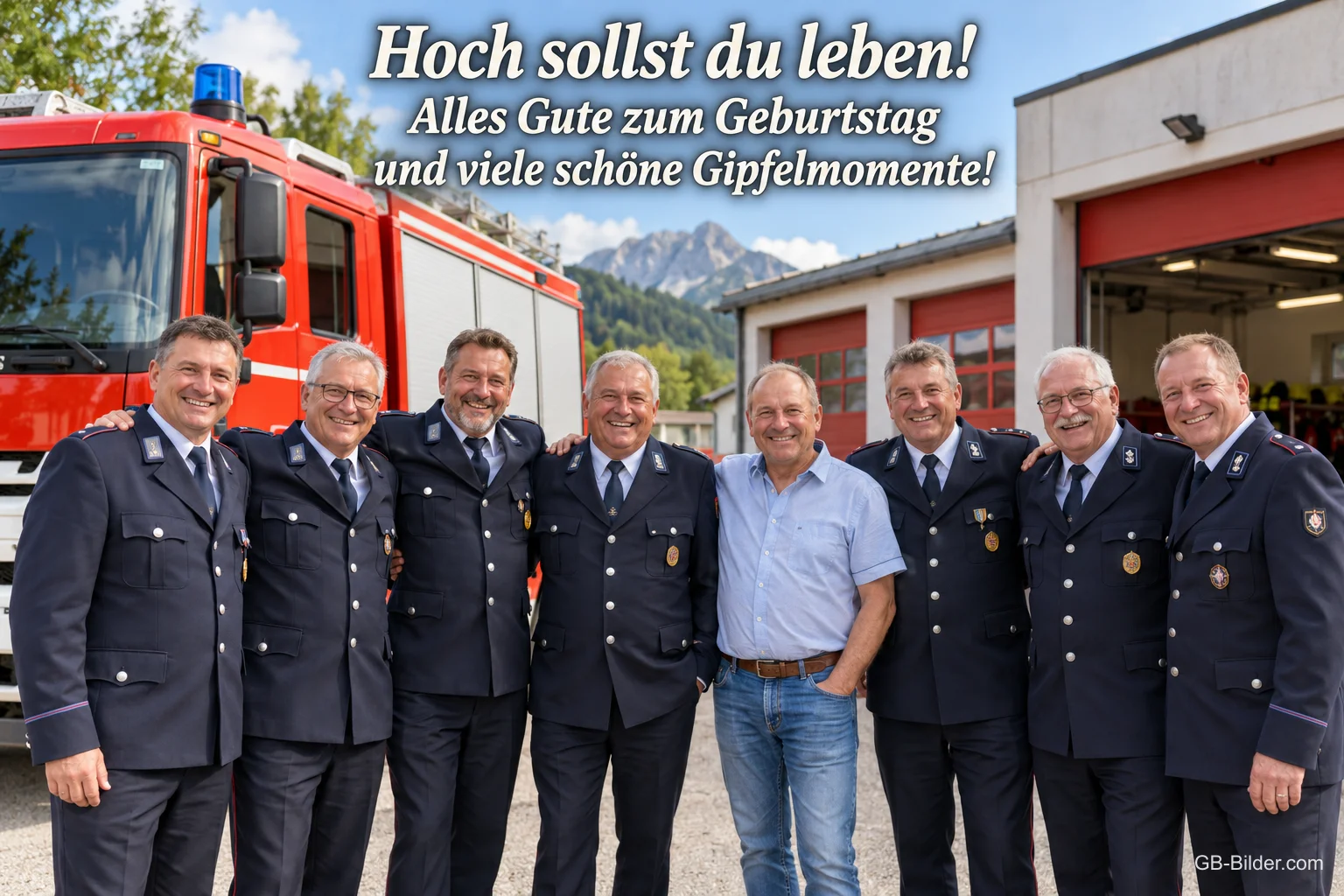 Gruppe von Feuerwehrleuten in Uniform vor einem Feuerwehrauto und den Bergen, Text: Hoch sollst du leben! Alles Gute zum Geburtstag und viele schöne Gipfelmomente! Gruppe von Feuerwehrleuten in Uniform vor einem Feuerwehrauto und den Bergen, Text: Hoch sollst du leben! Alles Gute zum Geburtstag und viele schöne Gipfelmomente!