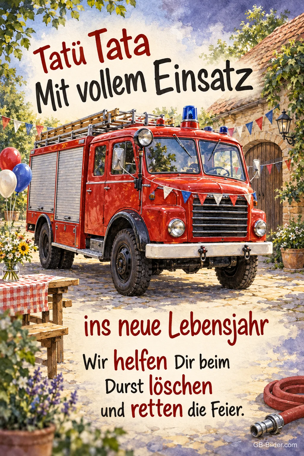 Altes Feuerwehrauto mit Wimpeln und Luftballons im Hof, Text: Tatü Tata Mit vollem Einsatz ins neue Lebensjahr. Wir helfen Dir beim Durst löschen und retten die Feier. Altes Feuerwehrauto mit Wimpeln und Luftballons im Hof, Text: Tatü Tata Mit vollem Einsatz ins neue Lebensjahr. Wir helfen Dir beim Durst löschen und retten die Feier.
