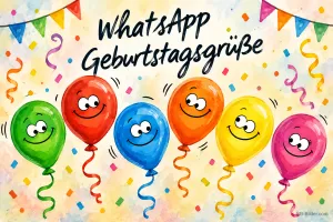 Sechs bunte Luftballons mit lustigen Gesichtern und Konfetti, Text: WhatsApp Geburtstagsgrüße