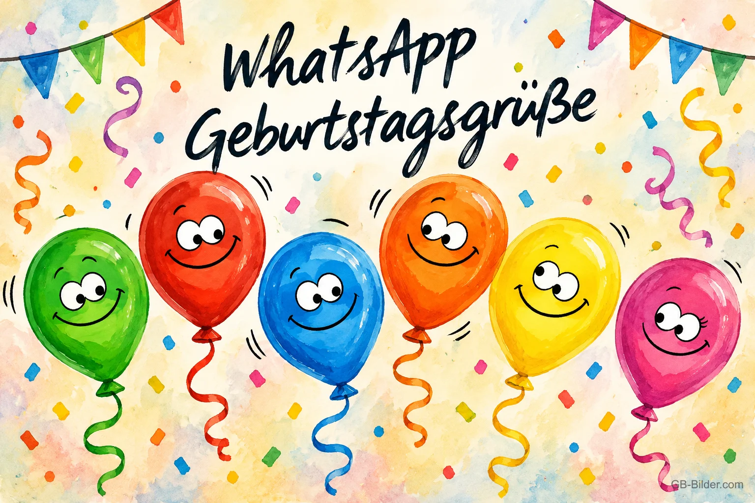 Sechs bunte Luftballons mit lustigen Gesichtern und Konfetti, Text: WhatsApp Geburtstagsgrüße Sechs bunte Luftballons mit lustigen Gesichtern und Konfetti, Text: WhatsApp Geburtstagsgrüße