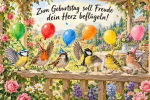 Meisen, Rotkehlchen und Spatzen tanzen auf einem Geländer unter Luftballons, Text: Zum Geburtstag soll Freude dein Herz beflügeln!