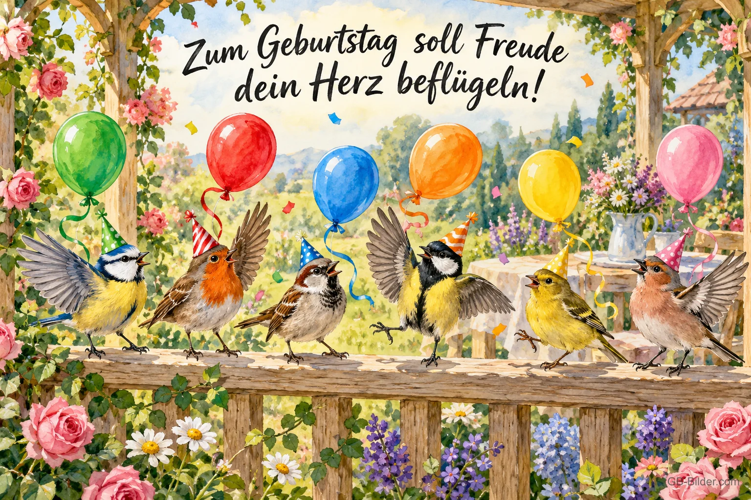 Meisen, Rotkehlchen und Spatzen tanzen auf einem Geländer unter Luftballons, Text: Zum Geburtstag soll Freude dein Herz beflügeln! Meisen, Rotkehlchen und Spatzen tanzen auf einem Geländer unter Luftballons, Text: Zum Geburtstag soll Freude dein Herz beflügeln!