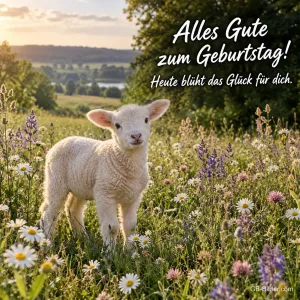Lamm in der Blumenwiese, Text: Alles Gute zum Geburtstag