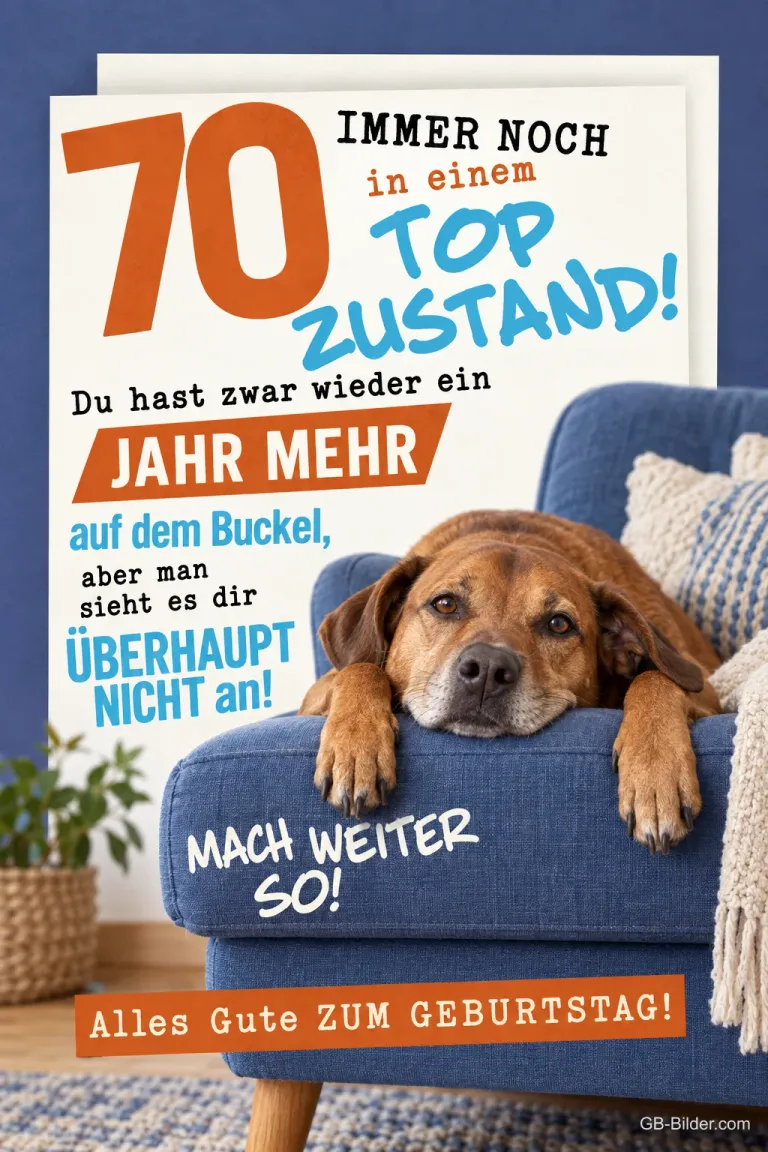 Müder Hund liegt in einem blauen Sessel, Text: 70 IMMER NOCH in einem TOP ZUSTAND! Du hast zwar wieder ein JAHR MEHR auf dem Buckel, aber man sieht es dir ÜBERHAUPT NICHT an! MACH WEITER SO! Alles Gute ZUM GEBURTSTAG!