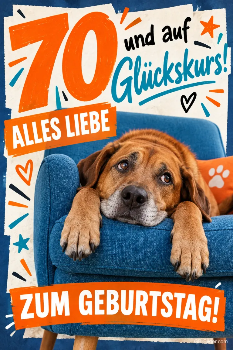 Treuherziger Hund liegt im blauen Sessel unter großer Zahl 70, Text: 70 und auf Glückskurs! ALLES LIEBE ZUM GEBURTSTAG!