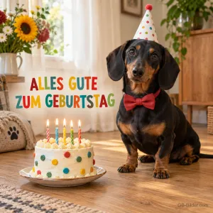 Dackel mit Partyhut und Fliege neben einer Torte mit Kerzen, Text: ALLES GUTE ZUM GEBURTSTAG