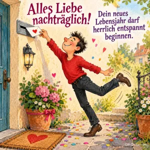 Junger Mann wirft schwungvoll einen Brief mit Herz in einen Briefkasten, Text: Alles Liebe nachträglich! Dein neues Lebensjahr darf herrlich entspannt beginnen.