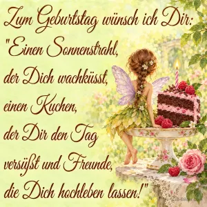 Fee mit Flügeln sitzt neben einem Stück Himbeertorte, Text: Zum Geburtstag wünsch ich Dir: „Einen Sonnenstrahl, der Dich wachküsst, einen Kuchen, der Dir den Tag versüßt und Freunde, die Dich hochleben lassen!“
