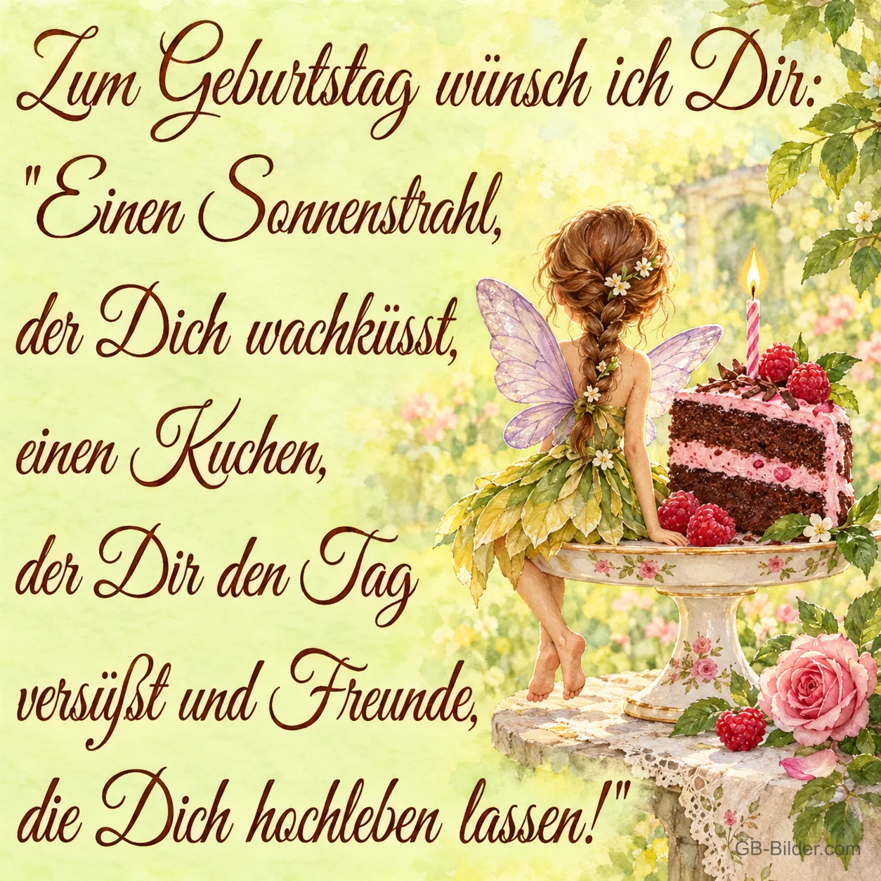 Fee mit Flügeln sitzt neben einem Stück Himbeertorte, Text: Zum Geburtstag wünsch ich Dir: „Einen Sonnenstrahl, der Dich wachküsst, einen Kuchen, der Dir den Tag versüßt und Freunde, die Dich hochleben lassen!“