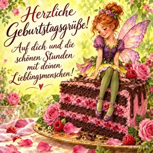 Elfe mit Flügeln sitzt auf einem großen Stück Schokoladentorte zwischen Rosen, Text: Herzliche Geburtstagsgrüße! Auf dich und die schönen Stunden mit deinen Lieblingsmenschen!