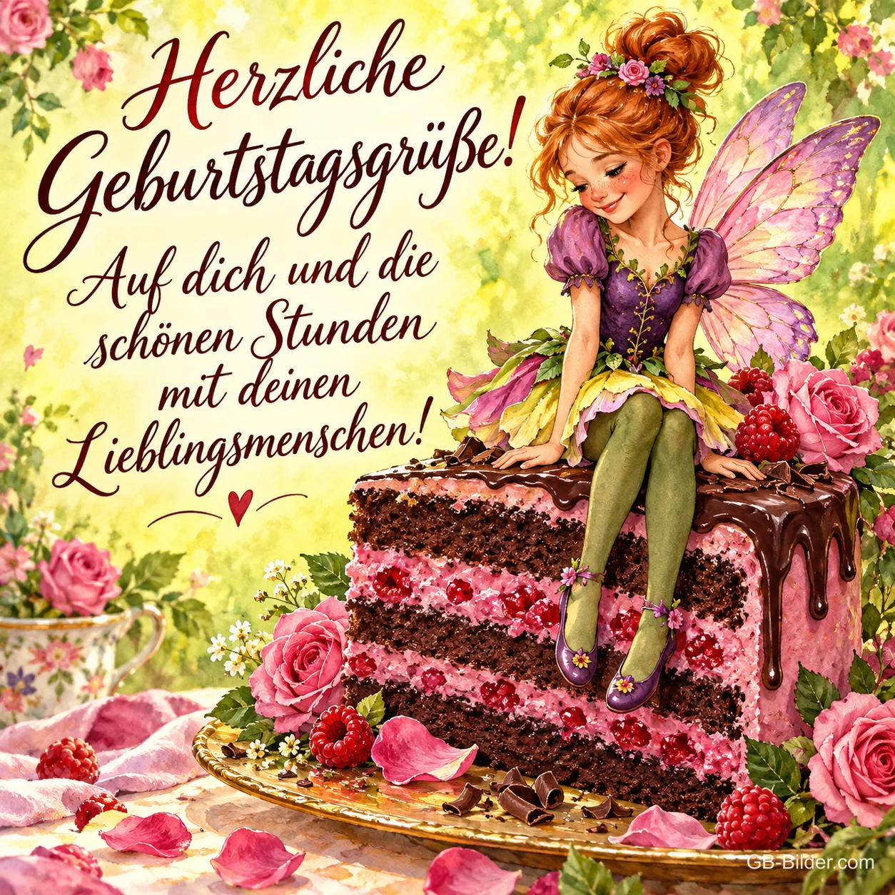 Elfe mit Flügeln sitzt auf einem großen Stück Schokoladentorte zwischen Rosen, Text: Herzliche Geburtstagsgrüße! Auf dich und die schönen Stunden mit deinen Lieblingsmenschen!