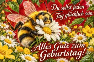 Hummel kuschelt sich lächelnd an eine Margerite, Text: Du sollst jeden Tag glücklich sein. Alles Gute zum Geburtstag!