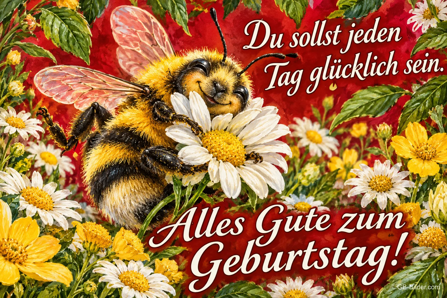 Hummel kuschelt sich lächelnd an eine Margerite, Text: Du sollst jeden Tag glücklich sein. Alles Gute zum Geburtstag!
