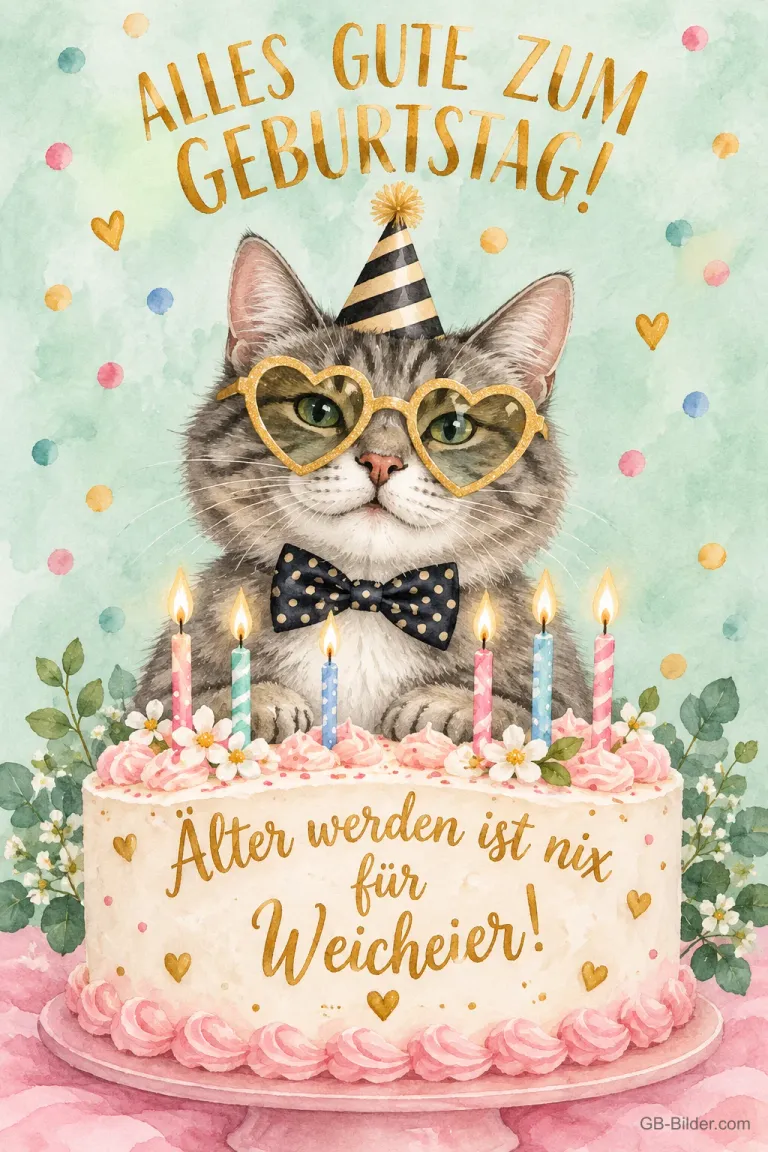 Getigerte Katze mit Herzbrille und Partyhut hinter einer Torte mit Kerzen, Text: ALLES GUTE ZUM GEBURTSTAG! Älter werden ist nix für Weicheier!