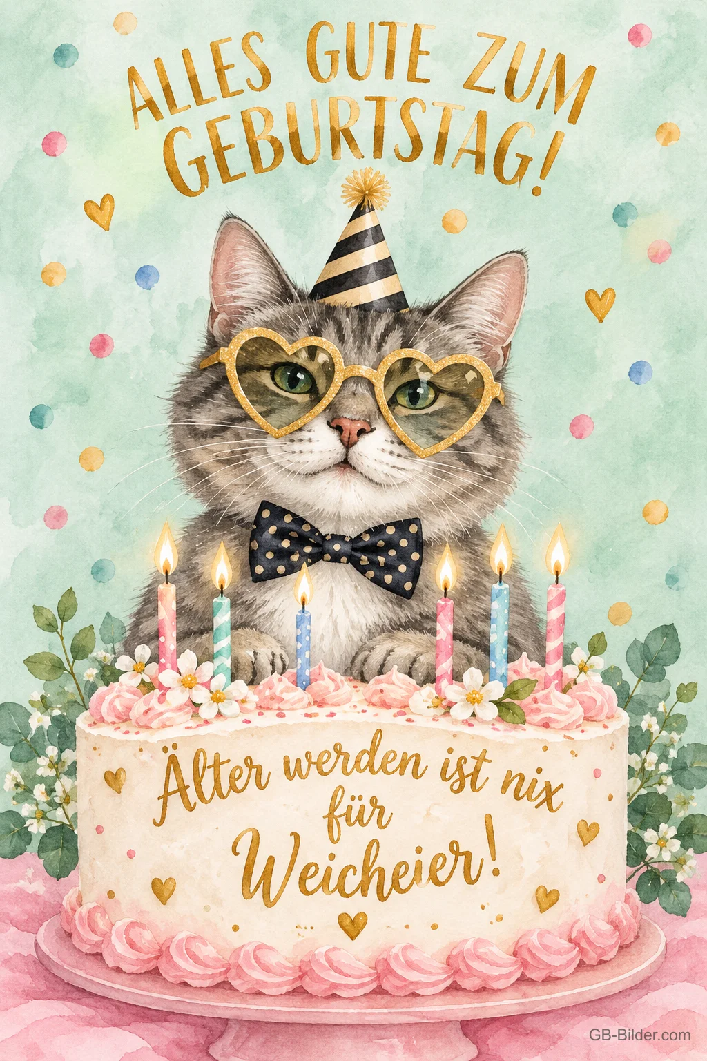 Getigerte Katze mit Herzbrille und Partyhut hinter einer Torte mit Kerzen, Text: ALLES GUTE ZUM GEBURTSTAG! Älter werden ist nix für Weicheier!