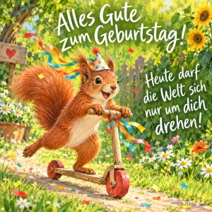 Eichhörnchen mit Partyhut fährt Roller durch einen Blumengarten, Text: Alles Gute zum Geburtstag! Heute darf die Welt sich nur um dich drehen!