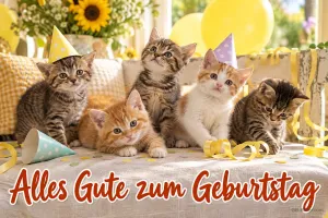 Fünf Kätzchen mit Partyhüten auf einem Sofa, Text: Alles Gute zum Geburtstag