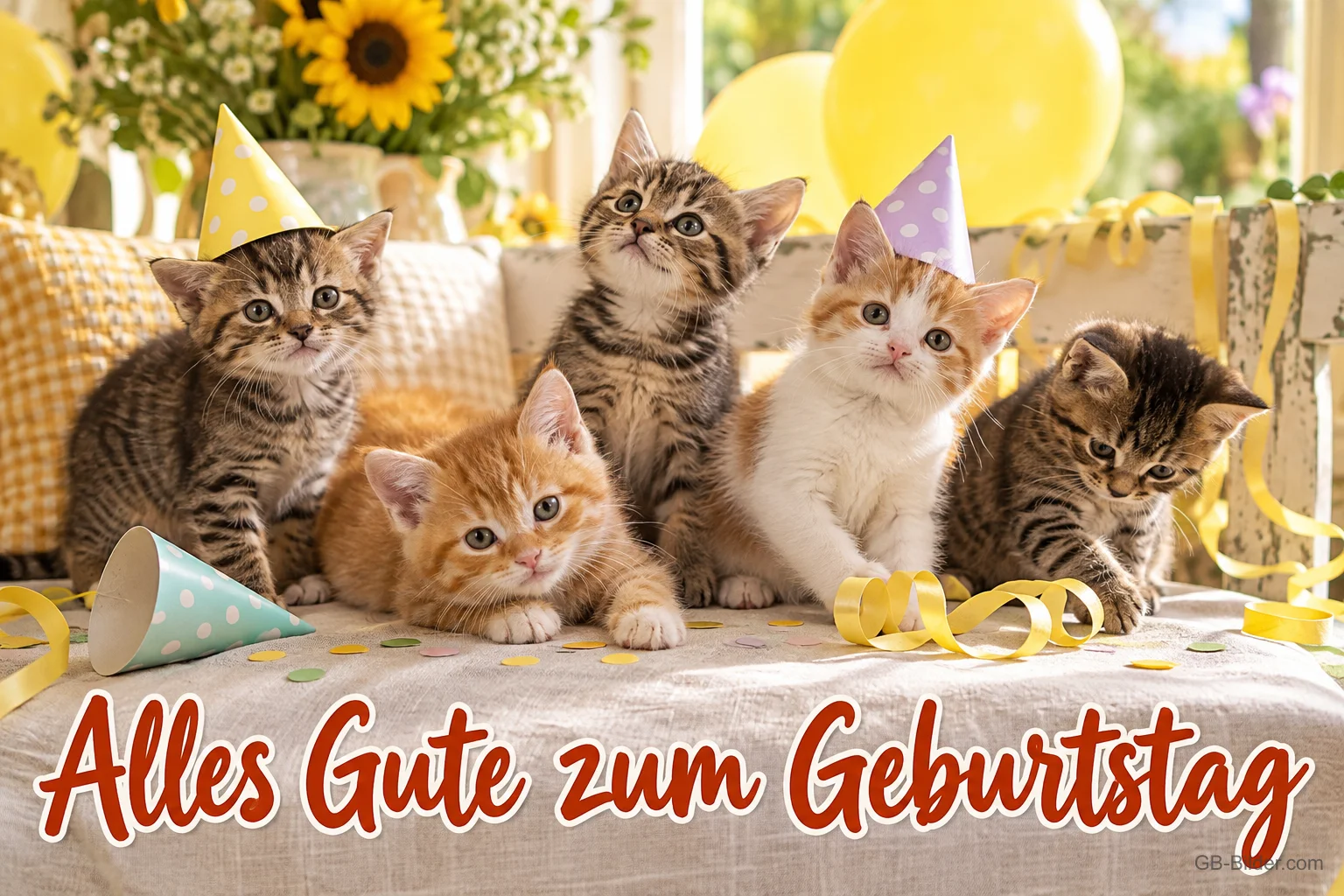 Fünf Kätzchen mit Partyhüten auf einem Sofa, Text: Alles Gute zum Geburtstag