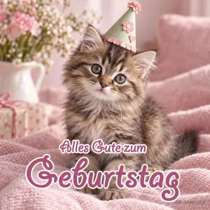 Getigertes Kätzchen mit Partyhut auf einer rosa Decke, Text: Alles Gute zum Geburtstag