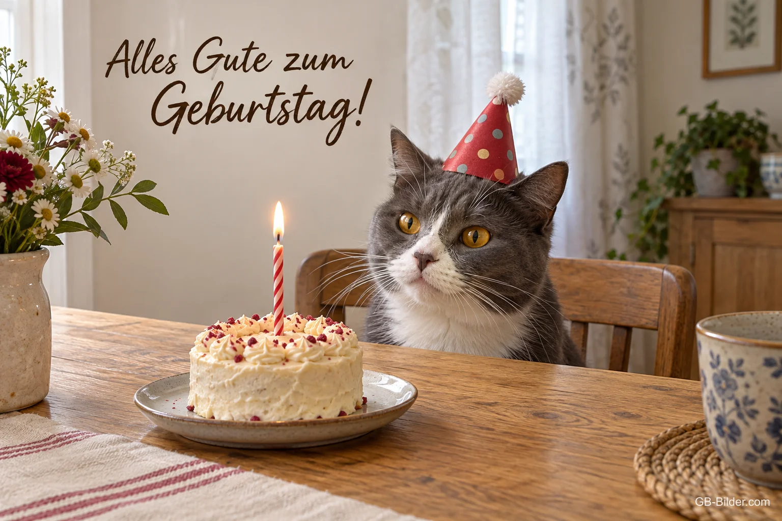 Graue Katze mit Partyhut schaut auf eine Torte mit Kerze, Text: Alles Gute zum Geburtstag!