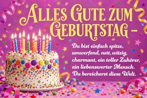 Bunte Geburtstagstorte mit Kerzen und Konfetti auf Pink, Text: ALLES GUTE ZUM GEBURTSTAG – Du bist einfach spitze, umwerfend, nett, witzig, charmant, ein toller Zuhörer, ein liebenswerter Mensch. Du bereicherst diese Welt.