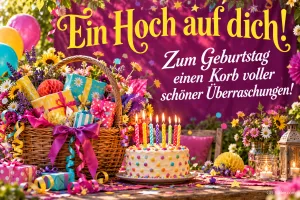 Korb voller Geschenke, Luftballons und Torte mit Kerzen, Text: Ein Hoch auf dich! Zum Geburtstag einen Korb voller schöner Überraschungen!
